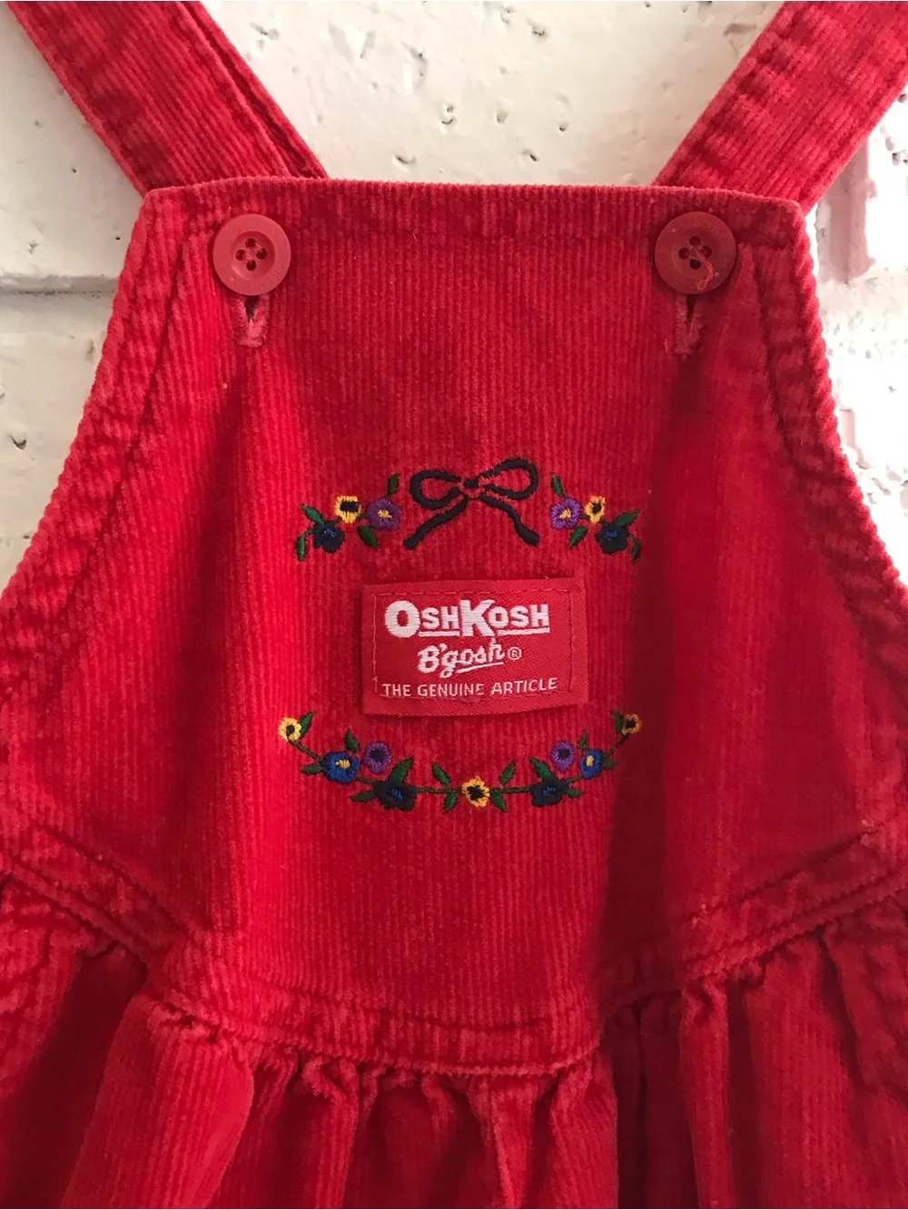 OshKosh B'gosh Red Corduroy Overalls Vestbak Floral Embroidered Vintage